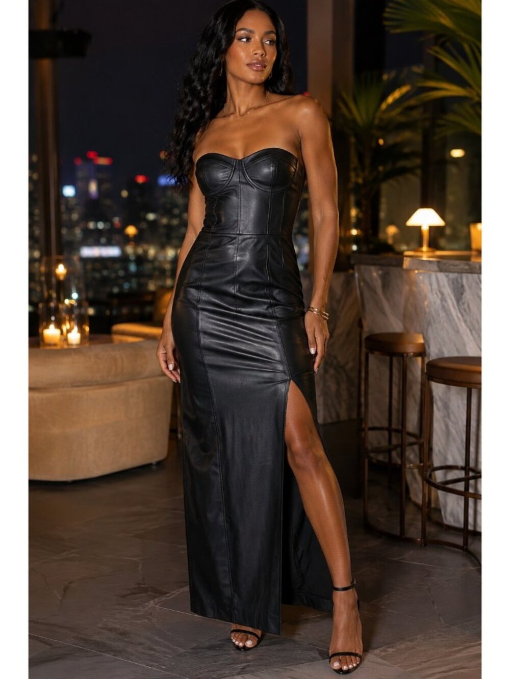 Free People Black Faux Leather Bustier Maxi Dress Size 4 NWT Side Slit